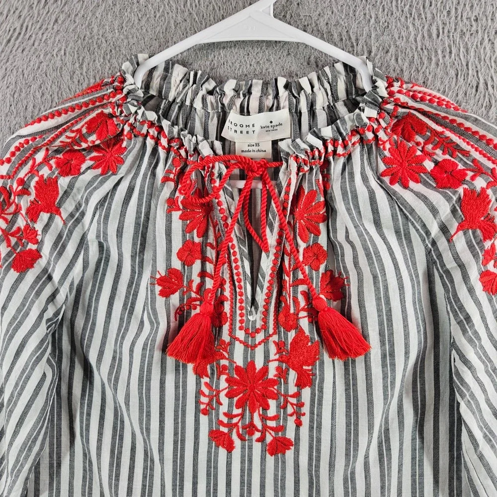 Kate Spade Broome Street Embroidered Striped Peplum Blouse Black White Red XS